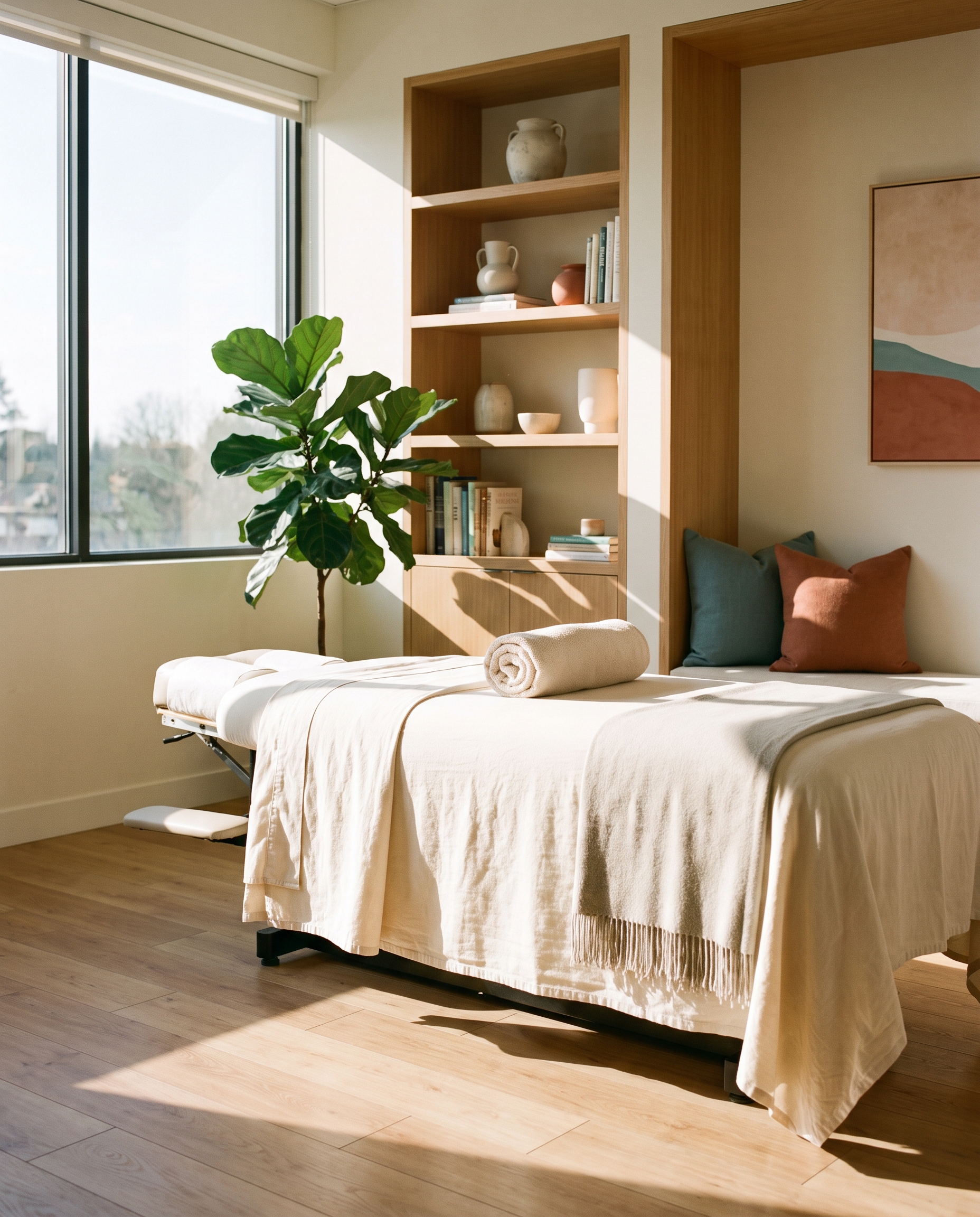 A calm, sunlit treatment room at Sundance Chiropractic & Wellness